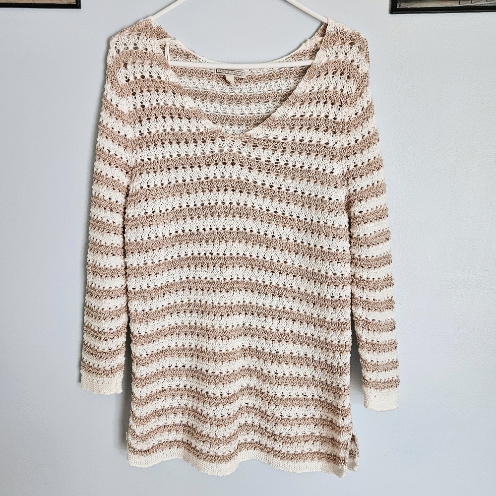 Like-New Dana Buchman White & Tan Stretchy Longsleeve Knitted Sweater Top Size L